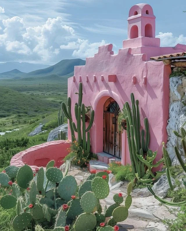 Pink adobe building with prickly pear and columnar cacti under a bright sky